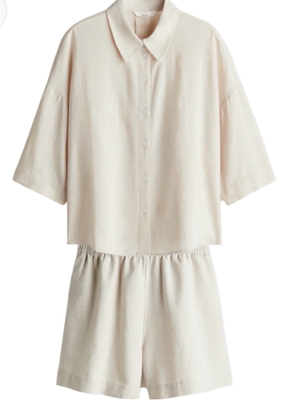 H&M Cream Linen Blend Two-Piece Button Shirt & Elastic Waist Shorts